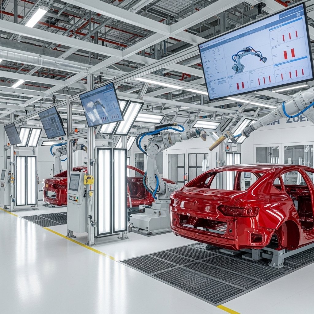 A professional automotive paint facility using automation, with robotic paint systems, coordinated workstations, streamlined workflow, and clean controlled surroundings.