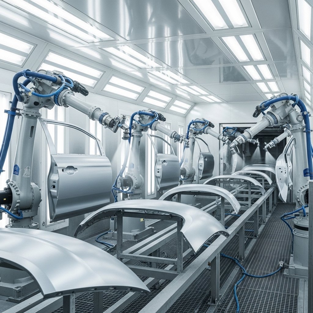 Advanced automated spray painting system with robotic arms painting automotive parts on a repeat production setup