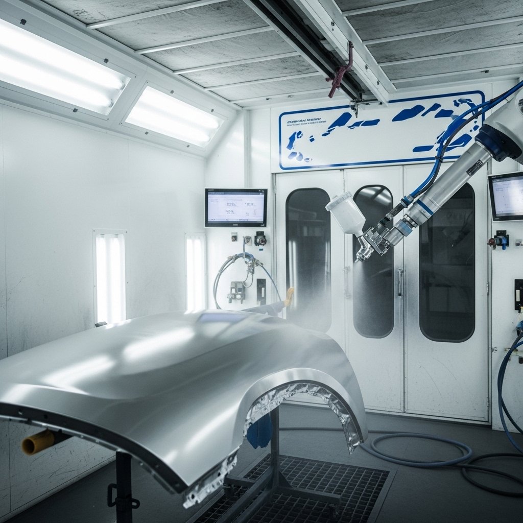Collision repair painting system in a professional body shop, showing a repaired vehicle panel being refinished in a clean spray booth with robotic or precision paint equipment