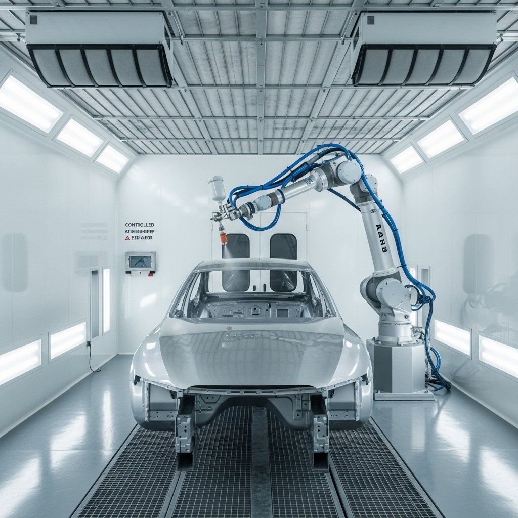 Professional automotive refinishing booth with robotic paint equipment