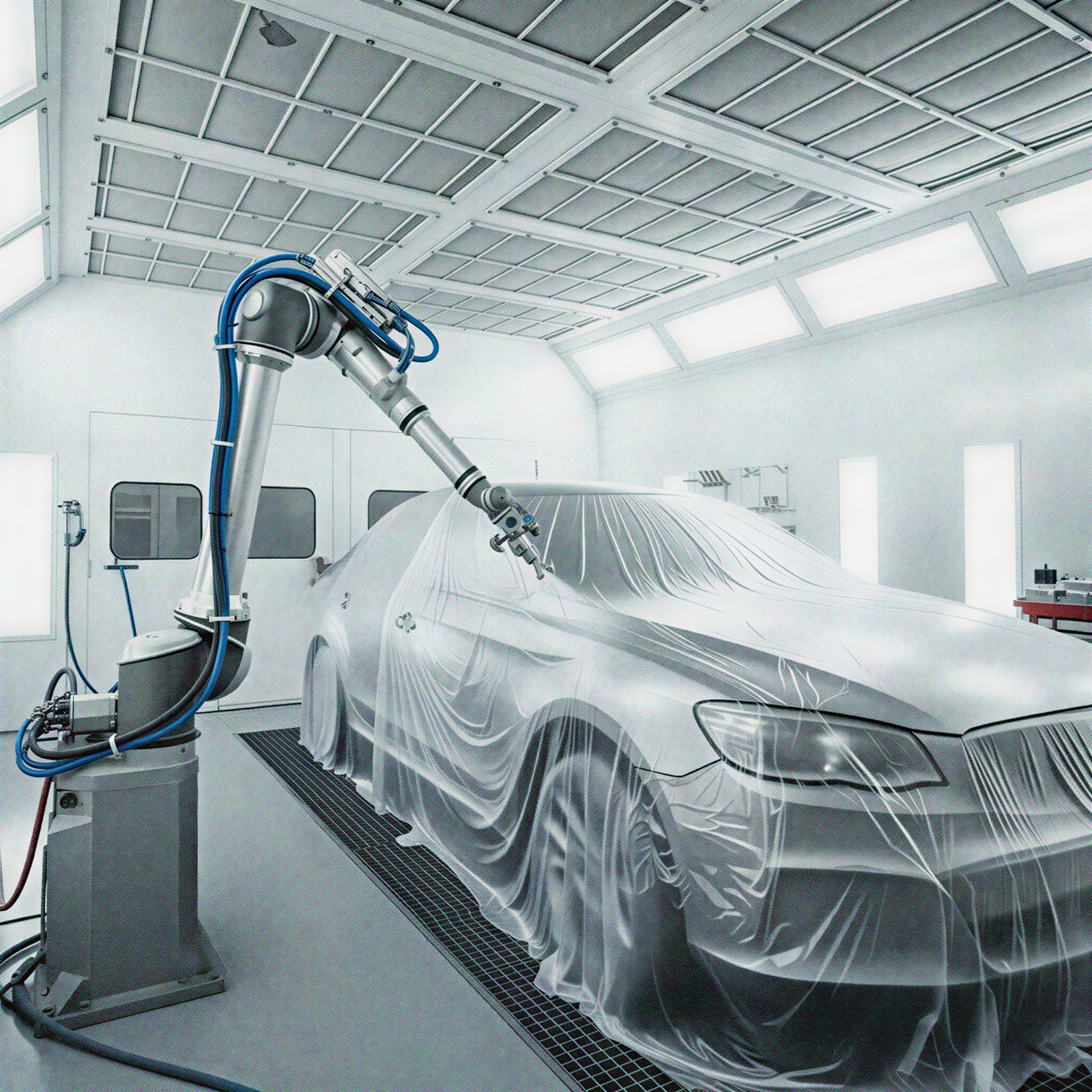 robotic paint arm inside an automotive collision repair paint booth