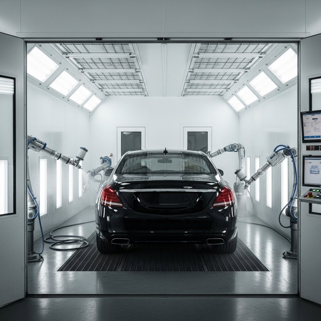 vehicle repainting system in a professional auto paint shop, showing a full vehicle inside a clean spray booth with robotic or automated painting equipment nearby