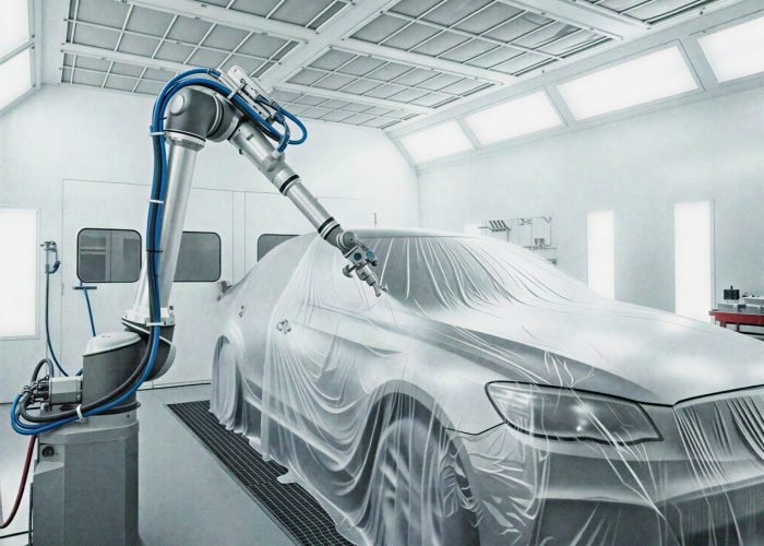 robotic paint arm inside an automotive collision repair paint booth